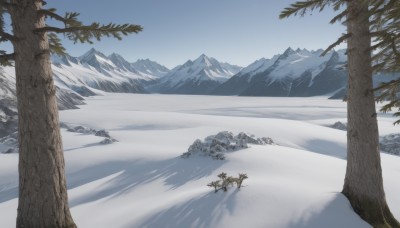 outdoors,sky,day,tree,blue sky,no humans,nature,scenery,snow,forest,mountain,winter,bare tree,landscape,mountainous horizon,pine tree,cloud,ice,lake