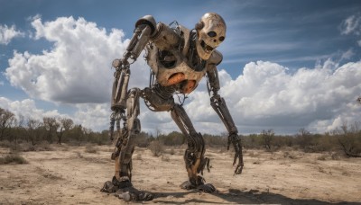 solo,standing,outdoors,sky,day,cloud,signature,tree,blue sky,no humans,shadow,cloudy sky,robot,nature,scenery,mecha,science fiction,realistic,non-humanoid robot,rock,cable,damaged,desert,humanoid robot