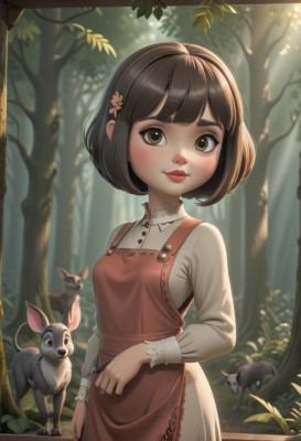 1girl,solo,breasts,looking at viewer,blush,smile,short hair,bangs,brown hair,shirt,hair ornament,long sleeves,dress,brown eyes,closed mouth,standing,white shirt,flower,small breasts,outdoors,day,artist name,hair flower,apron,tree,lips,animal,leaf,red dress,sunlight,bob cut,grass,child,nature,forest,freckles,red lips,female child,foliage,thick eyebrows,lace trim,lace,mouse,squirrel,deer