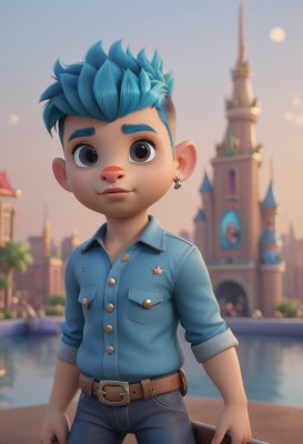 solo,looking at viewer,short hair,shirt,1boy,brown eyes,jewelry,blue hair,male focus,multicolored hair,earrings,outdoors,belt,pants,artist name,water,blurry,black eyes,tree,blurry background,thick eyebrows,blue shirt,denim,ear piercing,child,personification,freckles,pocket,jeans,belt buckle,brown belt,male child,smile,sky,nail polish,spiked hair,building,buckle,blue nails