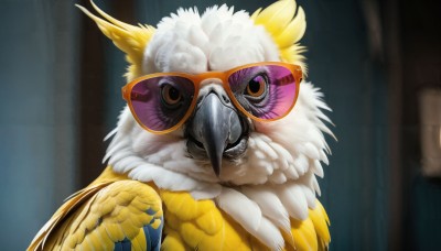 HQ,solo,looking at viewer,brown eyes,upper body,blurry,pokemon (creature),no humans,blurry background,bird,animal,sunglasses,feathers,realistic,animal focus,owl,beak,signature,portrait