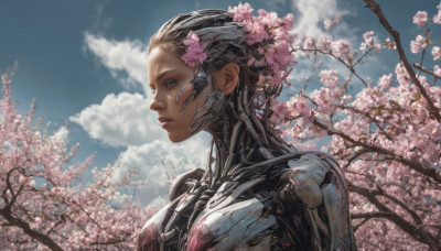 1girl, solo, hair ornament, upper body, flower, outdoors, sky, day, cloud, hair flower, tree, blue sky, lips, profile, cherry blossoms, science fiction, realistic, nose, android, cyborg