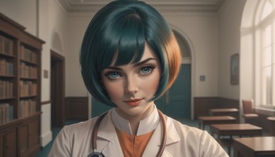 1girl,solo,looking at viewer,smile,short hair,bangs,blue eyes,shirt,jewelry,closed mouth,blue hair,upper body,multicolored hair,earrings,green hair,collared shirt,indoors,blurry,two-tone hair,lips,book,window,makeup,blurry background,chair,bob cut,lipstick,portrait,desk,freckles,realistic,labcoat,bookshelf,classroom,orange shirt,stethoscope,doctor,eyelashes,nose,red lips