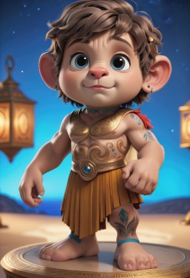 solo,looking at viewer,blush,smile,short hair,blue eyes,brown hair,1boy,animal ears,jewelry,closed mouth,standing,full body,male focus,earrings,outdoors,sky,barefoot,blurry,black eyes,tattoo,night,depth of field,blurry background,piercing,child,star (sky),sand,arm tattoo,male child,artist name,chibi,muscular,pectorals,night sky,starry sky,topless male,lantern,realistic,anklet