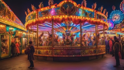 multiple girls,hat,standing,multiple boys,from behind,mask,formal,scenery,walking,6+boys,statue,crowd,colorful,outdoors,sky,pants,bag,coat,night,backpack,night sky,city,fantasy,road,dark,balloon,wide shot,multiple others,fireworks,street,ambiguous gender,shop,banner,aerial fireworks,people,6+others,storefront