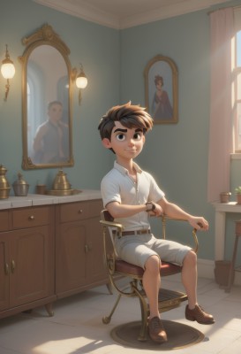 solo,looking at viewer,smile,short hair,brown hair,shirt,1boy,brown eyes,sitting,closed mouth,full body,white shirt,short sleeves,male focus,shoes,shorts,day,collared shirt,belt,indoors,window,chair,brown footwear,sunlight,plant,curtains,child,desk,reflection,watch,white shorts,mirror,wristwatch,potted plant,lamp,male child,stool,black hair,artist name,shadow,thick eyebrows