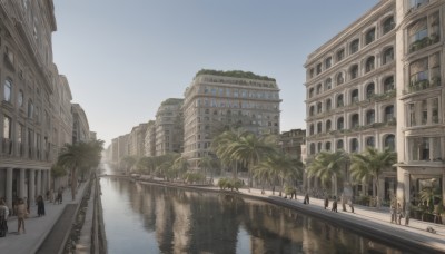 multiple girls,shirt,dress,outdoors,multiple boys,sky,day,signature,water,bag,tree,blue sky,building,scenery,reflection,walking,6+boys,city,palm tree,road,bridge,lamppost,street,people,real world location,6+girls,ground vehicle,motor vehicle,cityscape,skyscraper,crosswalk