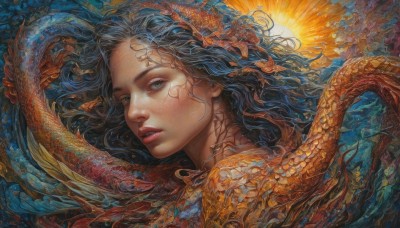 1girl,solo,long hair,looking at viewer,blue eyes,green eyes,blue hair,parted lips,teeth,lips,tattoo,floating hair,wavy hair,portrait,freckles,realistic,dragon,scales,black hair,from side,grey eyes,eyelashes,traditional media,snake,nose,sun