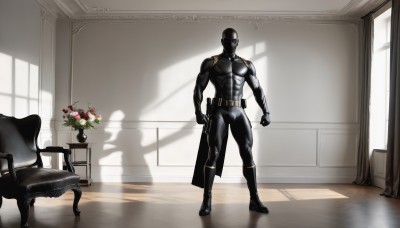 solo,1boy,standing,weapon,flower,male focus,belt,indoors,gun,window,bodysuit,mask,muscular,shadow,chair,table,sunlight,red flower,instrument,handgun,black bodysuit,superhero,vase,piano,couch,clenched hands,painting (object)