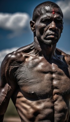 solo,looking at viewer,1boy,nipples,upper body,male focus,outdoors,sky,day,shiny,cloud,dark skin,blurry,blue sky,muscular,blurry background,abs,dark-skinned male,pectorals,veins,topless male,realistic,bald,manly,jewelry,closed mouth,earrings,tattoo,facial hair,bandages,very dark skin