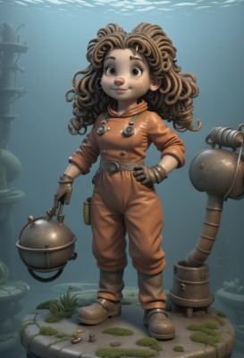 1girl,solo,long hair,looking at viewer,smile,brown hair,gloves,brown eyes,jewelry,standing,full body,earrings,boots,belt,water,lips,hand on hip,brown gloves,freckles,curly hair,pouch,underwater,overalls,jumpsuit,breasts,holding,shoes,hood,buttons,brown footwear,child,bubble,nose