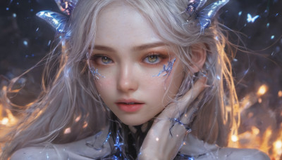 1girl, solo, long hair, looking at viewer, blue eyes, hair ornament, jewelry, white hair, parted lips, blurry, lips, eyelashes, blurry background, ring, bug, butterfly, portrait, hand on own face, realistic