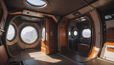 no humans,shadow,ground vehicle,scenery,reflection,science fiction,seat,sky,cloud,window,mountain,spacecraft,cockpit,screen