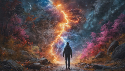 solo, 1boy, standing, male focus, outdoors, sky, cloud, from behind, tree, night, star (sky), night sky, scenery, starry sky, rock, realistic, electricity, lightning