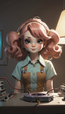 1girl,solo,long hair,looking at viewer,blush,smile,bangs,blue eyes,brown hair,shirt,hair ornament,twintails,jewelry,closed mouth,upper body,pink hair,short sleeves,hairband,earrings,small breasts,collared shirt,indoors,lips,makeup,buttons,swept bangs,blue shirt,freckles,curly hair,hoop earrings,lamp,cable,breasts,artist name,medium hair,wing collar,pocket,realistic,nose,red lips,light,overalls,breast pocket