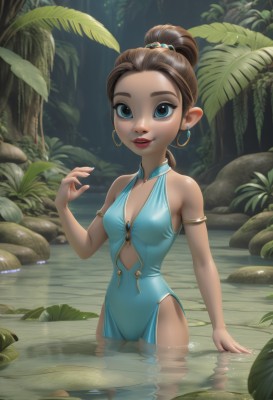 1girl,solo,long hair,breasts,looking at viewer,smile,blue eyes,brown hair,dress,cleavage,bare shoulders,jewelry,standing,swimsuit,ponytail,earrings,small breasts,outdoors,parted lips,teeth,pointy ears,hand up,water,hair bun,tree,lips,one-piece swimsuit,clothing cutout,covered navel,makeup,blue dress,single hair bun,plant,lipstick,nature,forehead,armlet,wading,forest,blue one-piece swimsuit,hoop earrings,red lips,hair pulled back,pond,hair ornament,artist name,dark skin,dark-skinned female,leaf,pelvic curtain,side slit,partially submerged,reflection,rock,lily pad