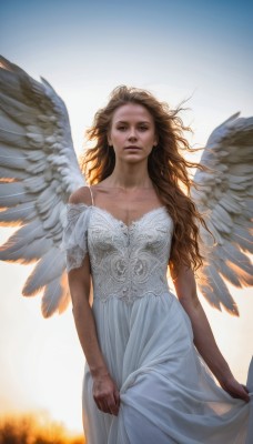 1girl,solo,long hair,breasts,looking at viewer,blue eyes,brown hair,dress,bare shoulders,collarbone,wings,sky,white dress,lips,see-through,wavy hair,messy hair,feathered wings,backlighting,freckles,angel wings,realistic,skirt hold,nose,white wings,angel,cleavage,brown eyes,medium breasts,outdoors,parted lips,day,sunlight,curly hair