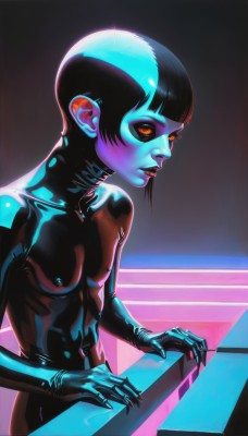 1girl,solo,breasts,short hair,bangs,black hair,gloves,nipples,small breasts,blunt bangs,covered nipples,lips,orange eyes,bodysuit,makeup,colored skin,turtleneck,lipstick,skin tight,science fiction,nose,blue skin,black bodysuit,very short hair,latex,cyberpunk,latex bodysuit,looking at viewer,piercing,colored sclera,black sclera,nipple piercing,cyborg