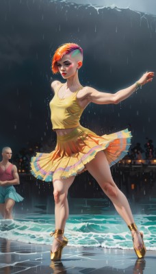 1girl,breasts,short hair,skirt,shirt,1boy,navel,bare shoulders,jewelry,standing,full body,pink hair,multicolored hair,pleated skirt,earrings,small breasts,outdoors,sky,solo focus,midriff,cloud,water,orange hair,high heels,bracelet,lips,wet,makeup,muscular,night,watermark,crossed arms,tank top,lipstick,wet clothes,web address,eyeshadow,personification,rain,nose,anklet,eyeliner,dancing,very short hair,yellow skirt,ballet slippers,tutu,clown,red hair,shorts,two-tone hair,crop top,ocean,cheerleader,bald,mohawk