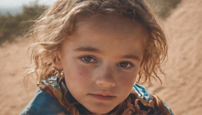 1girl,solo,looking at viewer,short hair,blonde hair,brown hair,brown eyes,closed mouth,hairband,outdoors,day,armor,blurry,lips,depth of field,blurry background,expressionless,wind,messy hair,portrait,close-up,forehead,freckles,realistic,nose,scarf,dirty