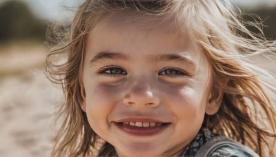 1girl,solo,long hair,looking at viewer,smile,open mouth,blue eyes,blonde hair,brown hair,outdoors,teeth,armor,grin,blurry,lips,grey eyes,depth of field,blurry background,messy hair,portrait,close-up,freckles,realistic,dirty,:d,half-closed eyes,meme