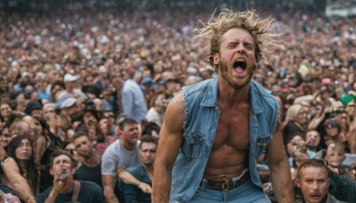 open mouth,blonde hair,shirt,1boy,jewelry,jacket,closed eyes,male focus,multiple boys,open clothes,teeth,sleeveless,solo focus,belt,pants,blurry,vest,open jacket,torn clothes,muscular,blurry background,facial hair,pectorals,denim,beard,6+boys,jeans,realistic,manly,chest hair,sleeveless jacket,crowd,mohawk,short hair,navel,open shirt,parody,abs,muscular male,meme,shouting,open vest,zombie,what,screaming,denim jacket,audience