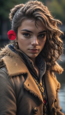 1girl,solo,long hair,looking at viewer,blonde hair,brown hair,shirt,brown eyes,jewelry,closed mouth,jacket,upper body,earrings,outdoors,necklace,hair bun,mole,blurry,lips,coat,fur trim,eyelashes,mole under eye,makeup,depth of field,blurry background,freckles,brown jacket,realistic,nose,brown coat,bangs,hair ornament,flower,parted lips,hair flower,thick eyebrows,lipstick,wind,eyeshadow,mascara