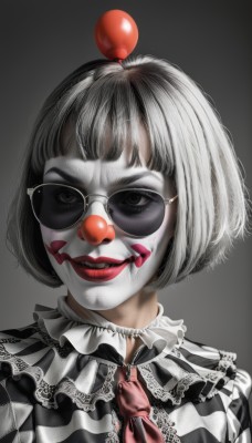 1girl,solo,looking at viewer,smile,short hair,bangs,simple background,black hair,upper body,white hair,frills,parted lips,necktie,glasses,teeth,blunt bangs,grey background,grin,black eyes,lips,gradient,gradient background,eyelashes,makeup,facial mark,sunglasses,bob cut,lipstick,red necktie,pale skin,portrait,zipper,realistic,round eyewear,red lips,facepaint,clown,monochrome,tongue,striped,tongue out,spot color,horror (theme)