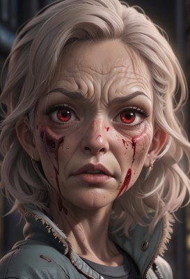 1girl,solo,looking at viewer,short hair,shirt,red eyes,jewelry,jacket,white hair,earrings,parted lips,artist name,signature,medium hair,blurry,lips,eyelashes,blood,blurry background,portrait,veins,blood on face,realistic,nose,blonde hair,open clothes,teeth,necklace,open jacket,depth of field,watermark,close-up