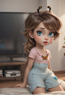 1girl,solo,long hair,looking at viewer,blush,blue eyes,brown hair,shirt,jewelry,sitting,ponytail,short sleeves,earrings,parted lips,indoors,flat chest,lips,book,bed,arm support,on bed,bug,butterfly,child,freckles,pink shirt,antennae,red lips,female child,stud earrings,overalls,blue overalls,overall shorts,breasts,bangs,collarbone,shorts,blurry,plant,nose,television