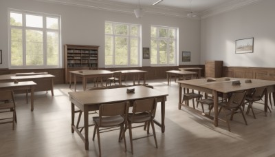 day,indoors,tree,book,no humans,window,shadow,chair,table,sunlight,plant,curtains,scenery,desk,wooden floor,bookshelf,lamp,shelf,painting (object),ceiling light,wooden chair,reflective floor