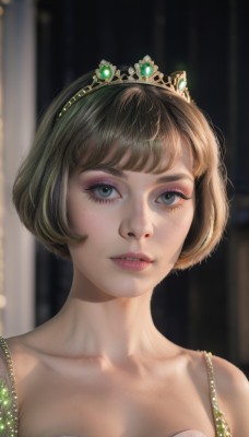 1girl,solo,breasts,looking at viewer,short hair,bangs,blue eyes,brown hair,dress,bare shoulders,jewelry,collarbone,upper body,parted lips,teeth,artist name,mole,blurry,lips,grey eyes,eyelashes,mole under eye,makeup,blurry background,bob cut,tiara,gem,portrait,eyeshadow,freckles,realistic,mascara,blunt bangs,necklace,depth of field,nose