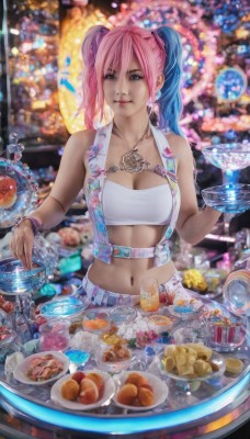 1girl,solo,long hair,breasts,looking at viewer,smile,bangs,blue eyes,skirt,navel,holding,cleavage,bare shoulders,twintails,jewelry,medium breasts,blue hair,collarbone,pink hair,multicolored hair,earrings,food,sleeveless,midriff,belt,necklace,stomach,blurry,vest,bracelet,two-tone hair,cup,lips,crop top,strapless,blurry background,table,plate,drinking glass,realistic,nose,bandeau,glass,tube top,lemon,lemon slice,large breasts,watermark,suspenders,web address,cake