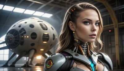 HQ,1girl,solo,long hair,breasts,looking at viewer,blue eyes,blonde hair,brown hair,hair ornament,cleavage,jewelry,medium breasts,upper body,earrings,hairclip,indoors,armor,blurry,lips,bodysuit,makeup,lipstick,portrait,science fiction,realistic,aircraft,nose,spacecraft,parted lips,necktie,robot,mecha,forehead