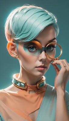 1girl,solo,looking at viewer,short hair,blue eyes,simple background,jewelry,blue hair,upper body,earrings,parted lips,glasses,choker,nail polish,collar,aqua eyes,lips,eyelashes,aqua hair,makeup,piercing,ring,lipstick,goggles,portrait,eyeshadow,freckles,realistic,nose,adjusting eyewear,very short hair,aqua background,mascara,breasts,bangs,cleavage,medium breasts,closed mouth,collarbone,artist name,hand up,fingernails,gradient,gradient background,swept bangs,blue background,pink lips,glint,eyeliner,aqua nails,yellow-framed eyewear