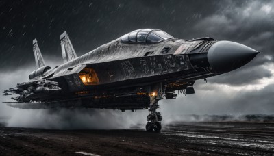 sky,cloud,signature,military,no humans,ocean,helmet,cloudy sky,flying,science fiction,rain,realistic,aircraft,military vehicle,airplane,watercraft,vehicle focus,ship,spacecraft,lights,jet,fighter jet,pilot,outdoors