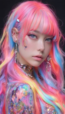 1girl,solo,long hair,looking at viewer,bangs,blue eyes,simple background,hair ornament,jewelry,blue hair,upper body,pink hair,heart,multicolored hair,earrings,parted lips,choker,necklace,from side,two-tone hair,lips,grey eyes,eyelashes,tattoo,makeup,piercing,black background,gem,ear piercing,portrait,eyeshadow,freckles,realistic,nose,eyeliner,mascara,closed mouth,blunt bangs,orange hair,gradient hair