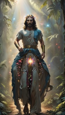 solo,long hair,brown hair,shirt,black hair,1boy,jewelry,standing,full body,short sleeves,male focus,outdoors,barefoot,belt,artist name,dark skin,necklace,bracelet,tree,hand on hip,glowing,facial hair,leaf,watermark,sandals,sunlight,dark-skinned male,plant,nature,glowing eyes,beard,forest,backlighting,walking,light rays,palm tree,bracer,dirty,dirty feet,curly hair,facepaint