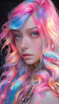 1girl,solo,long hair,looking at viewer,blue eyes,simple background,jewelry,closed mouth,blue hair,upper body,pink hair,multicolored hair,artist name,necklace,lips,streaked hair,grey eyes,eyelashes,makeup,wavy hair,black background,portrait,eyeshadow,personification,freckles,pink lips,realistic,nose,mascara,rainbow hair,bare shoulders,chain,watermark