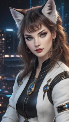 1girl,solo,long hair,breasts,looking at viewer,bangs,brown hair,shirt,animal ears,jewelry,medium breasts,green eyes,jacket,upper body,earrings,outdoors,open clothes,sky,artist name,cat ears,necklace,mole,blurry,lips,animal ear fluff,black shirt,eyelashes,makeup,night,blurry background,white jacket,lipstick,gem,night sky,zipper,freckles,hoop earrings,realistic,nose,red lips,city lights,smile,closed mouth,parted lips,open jacket,wolf ears,thick eyebrows,eyeshadow,city,eyeliner,mascara