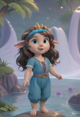 1girl,solo,long hair,looking at viewer,smile,open mouth,blue eyes,brown hair,animal ears,standing,full body,short sleeves,outdoors,parted lips,barefoot,pointy ears,belt,pants,water,blurry,tree,blurry background,blue shirt,child,furry,palm tree,waterfall,yordle,dress,lips