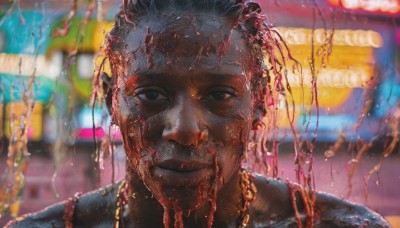 solo,looking at viewer,smile,short hair,1boy,jewelry,closed mouth,white hair,male focus,dark skin,necklace,blurry,black eyes,blood,blurry background,dark-skinned male,portrait,blood on face,realistic,black hair,earrings,outdoors,depth of field,festival