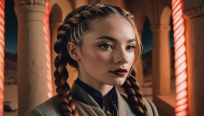 1girl,solo,long hair,looking at viewer,smile,brown hair,shirt,brown eyes,closed mouth,upper body,braid,multicolored hair,outdoors,sky,blurry,twin braids,two-tone hair,lips,makeup,night,blurry background,lipstick,portrait,star (sky),forehead,freckles,realistic,red lips,animification,pillar,column,multiple braids,black hair,artist name,night sky,starry sky,nose