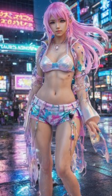 1girl,solo,long hair,breasts,looking at viewer,bangs,blue eyes,hair ornament,navel,cleavage,jewelry,medium breasts,underwear,standing,swimsuit,pink hair,bikini,outdoors,parted lips,detached sleeves,shorts,midriff,belt,water,necklace,nail polish,bra,blurry,lips,wet,see-through,short shorts,tattoo,night,building,bikini top only,city,realistic,hair between eyes,jacket,thighs,earrings,open clothes,blurry background,watermark,wet clothes,web address,pink nails,rain,road,street,city lights,cyberpunk,neon lights