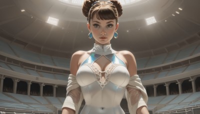 1girl,solo,breasts,looking at viewer,short hair,bangs,large breasts,brown hair,dress,cleavage,bare shoulders,brown eyes,jewelry,medium breasts,upper body,earrings,parted lips,detached sleeves,artist name,indoors,hair bun,white dress,leotard,lips,see-through,clothing cutout,double bun,covered navel,cleavage cutout,nose,straight-on,ceiling,ceiling light,makeup,halterneck,backlighting,science fiction,hoop earrings,realistic