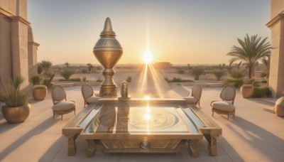 outdoors,sky,tree,no humans,shadow,chair,table,sunlight,plant,building,scenery,sunset,sand,palm tree,sun,potted plant,light,cloud,bush,pillar,vase,flower pot