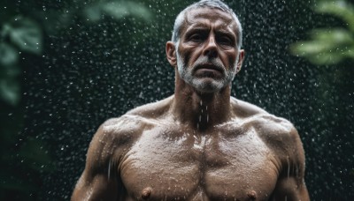 solo,short hair,1boy,closed mouth,nipples,closed eyes,upper body,white hair,grey hair,male focus,nude,outdoors,blurry,wet,muscular,blurry background,facial hair,leaf,pectorals,muscular male,bara,facing viewer,beard,large pectorals,rain,water drop,mature male,realistic,mustache,manly,old,chest hair,old man,arm hair,wrinkled skin,looking at viewer,scar,topless male,snowing