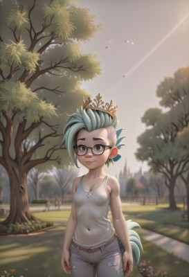 1girl,solo,breasts,looking at viewer,blush,smile,short hair,shirt,navel,bare shoulders,brown eyes,closed mouth,standing,collarbone,tail,white shirt,flower,multicolored hair,cowboy shot,small breasts,outdoors,green hair,glasses,day,belt,pants,artist name,signature,blurry,black eyes,covered nipples,two-tone hair,tree,lips,see-through,bare arms,no bra,aqua hair,covered navel,blurry background,cameltoe,sunlight,thick eyebrows,tank top,grass,tiara,crown,denim,building,semi-rimless eyewear,forehead,buckle,personification,backlighting,black-framed eyewear,jeans,light rays,belt buckle,arms at sides,brown belt,road,sunbeam,dappled sunlight,park,nipples,blue hair,mohawk