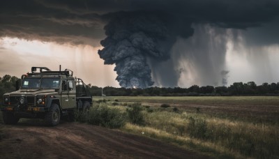 outdoors,sky,cloud,tree,no humans,sunlight,cloudy sky,grass,fire,ground vehicle,nature,scenery,motor vehicle,forest,smoke,car,road,vehicle focus,truck,field