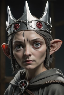 1girl,solo,looking at viewer,short hair,black hair,jewelry,closed mouth,green eyes,grey hair,pointy ears,hood,mole,blurry,lips,grey eyes,eyelashes,mole under eye,blurry background,facial mark,crown,elf,gem,portrait,cloak,freckles,realistic,nose,red lips,brown eyes